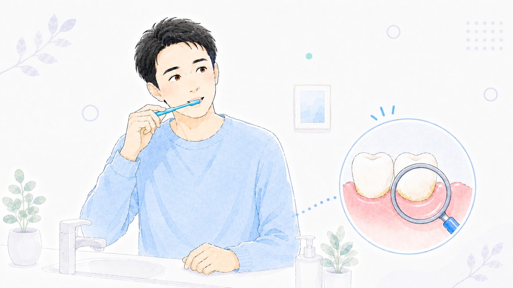 歯ブラシでは磨き残しが残りやすいことを示す図