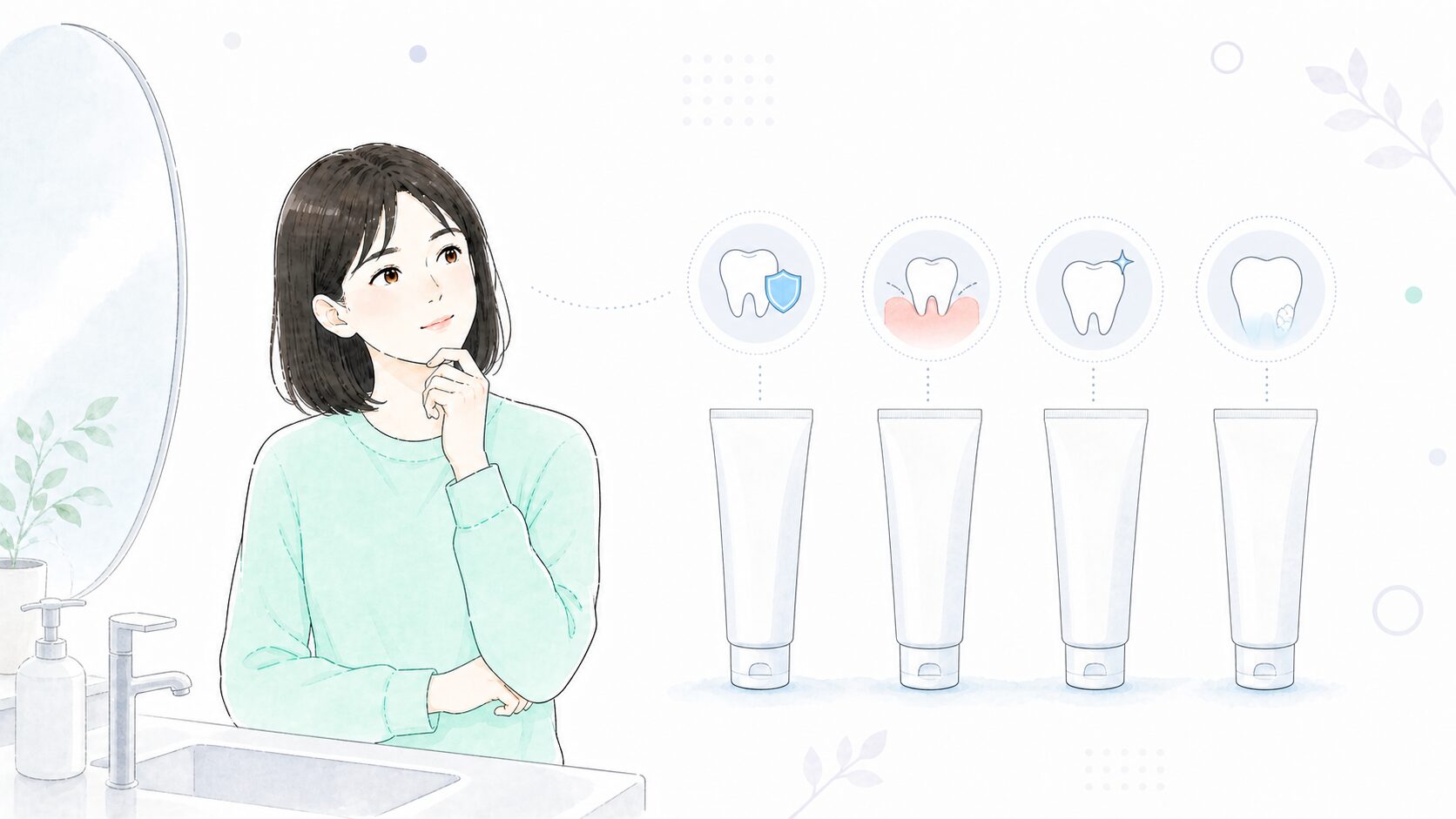洗面所で4本の歯磨き粉を前に考える女性と目的別アイコンのイラスト