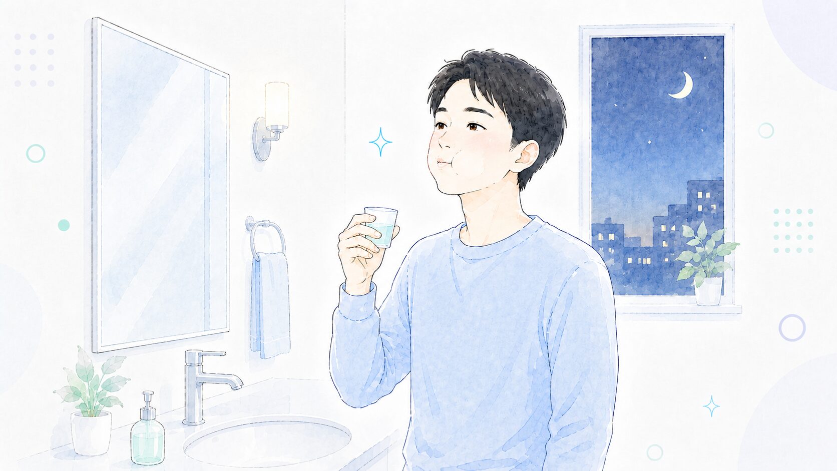 夜の洗面所で洗口液を使う男性