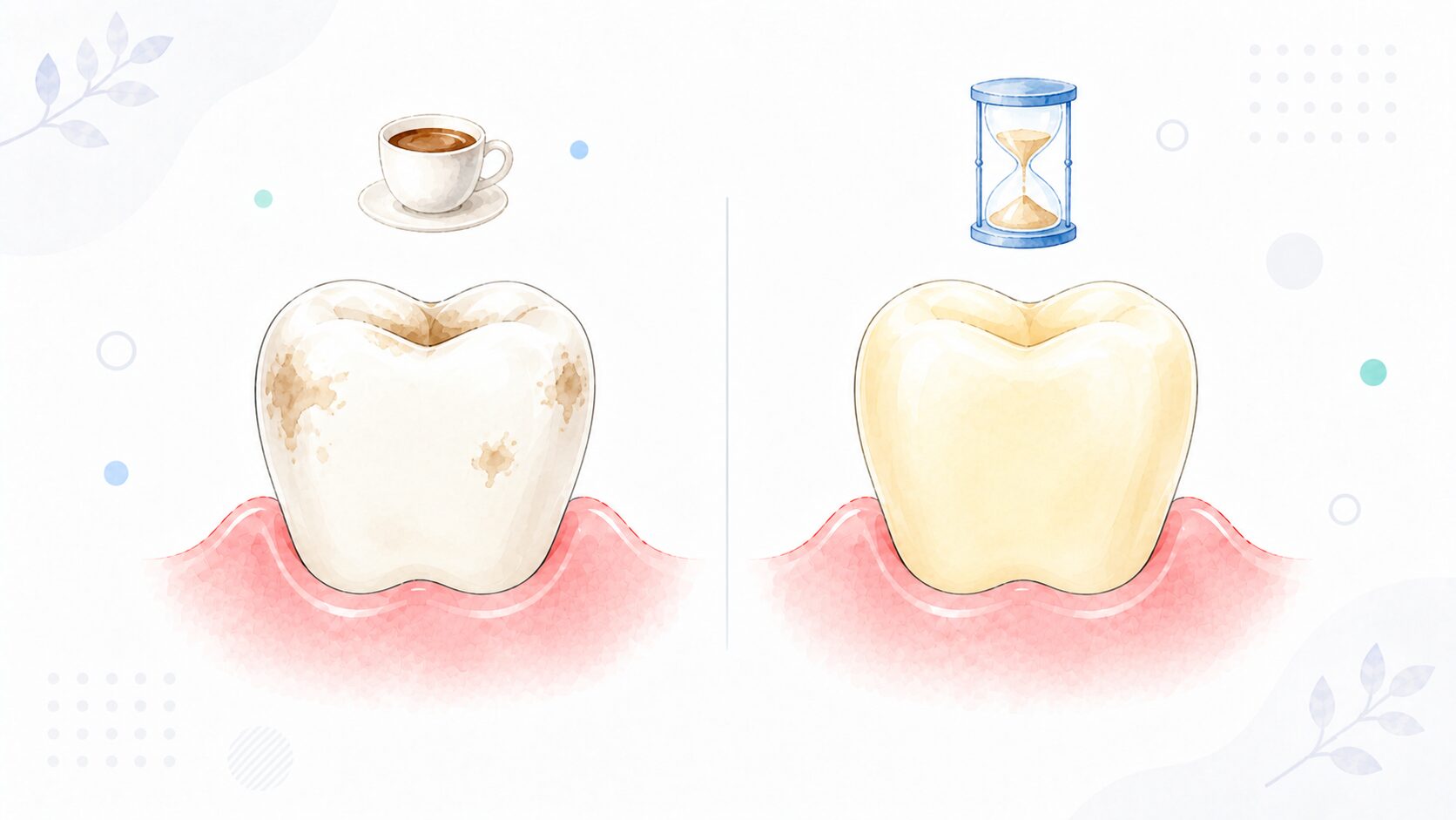 歯の黄ばみの2タイプ(外側につく着色と歯そのものの色)の比較イラスト
