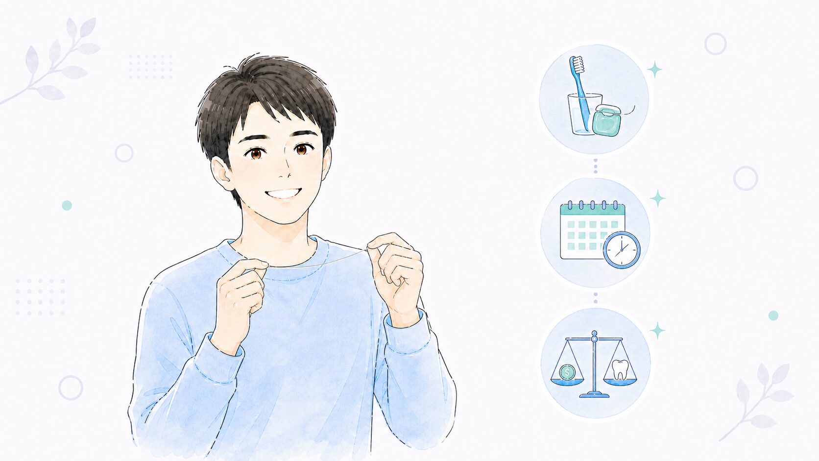 デンタルフロスを持つ男性と3つの習慣のアイコン