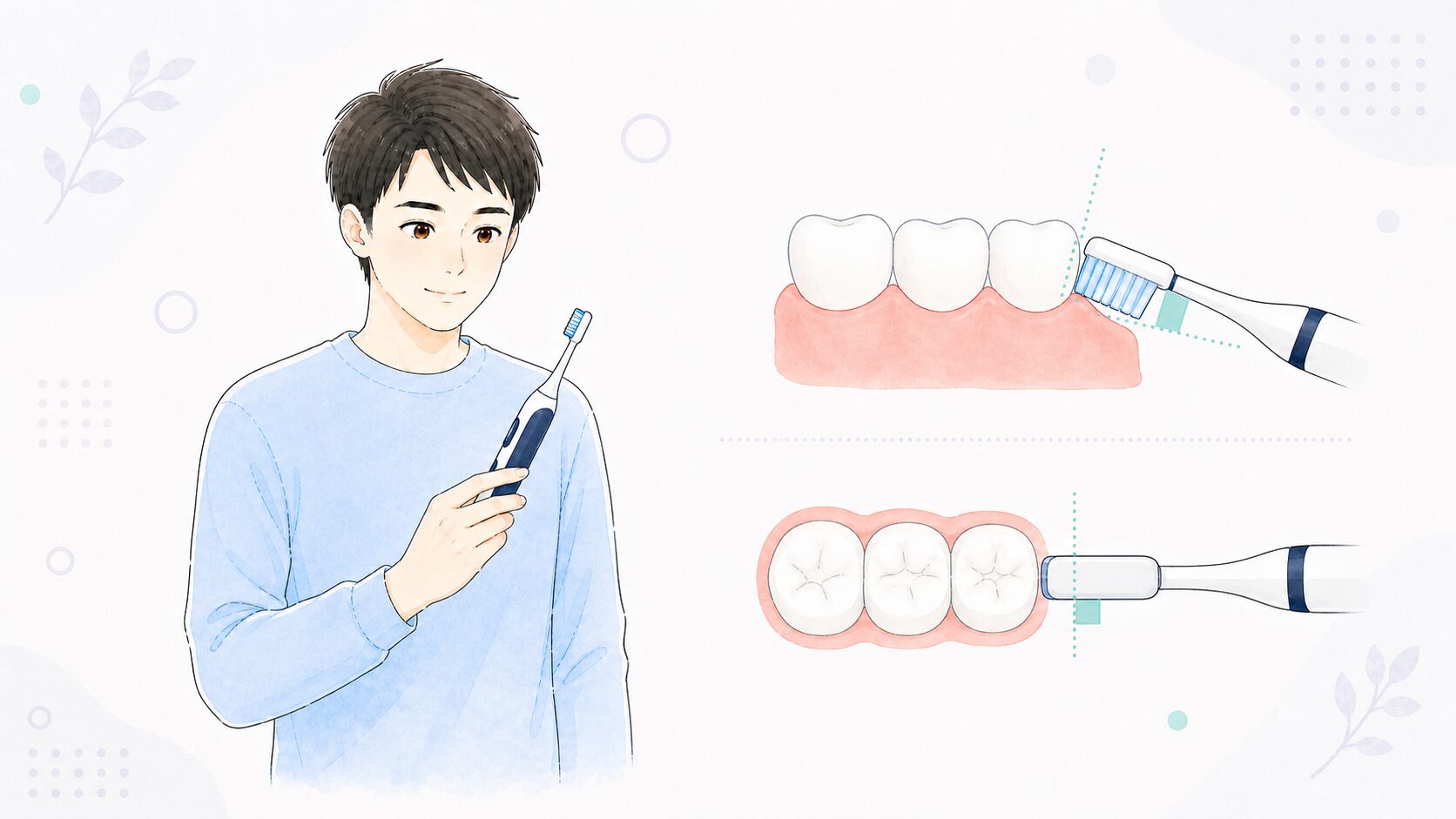 電動歯ブラシを当てる角度を示した図と男性のイラスト