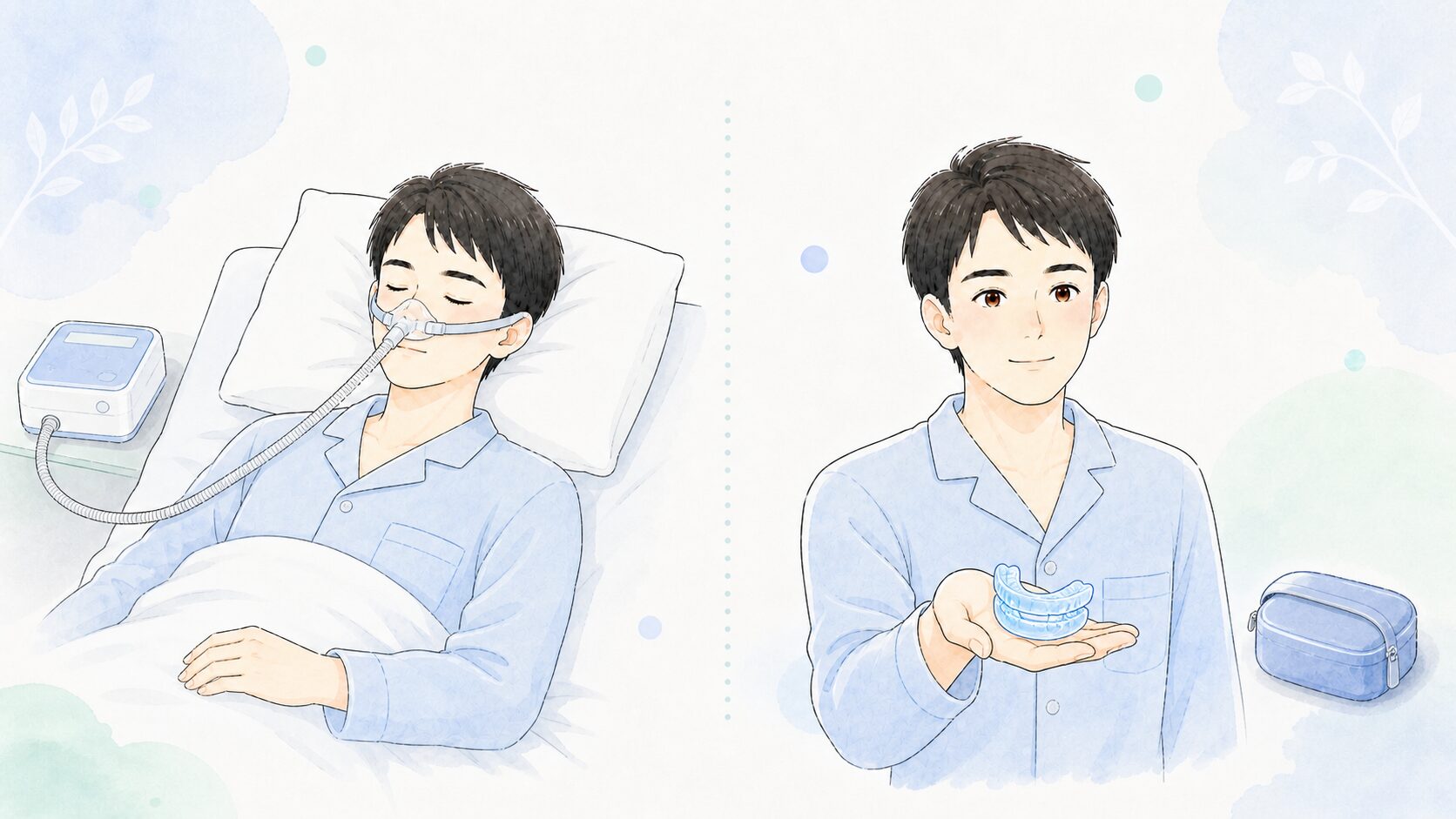 CPAPを装着して眠る様子と、口腔内装置を手にしている様子の比較