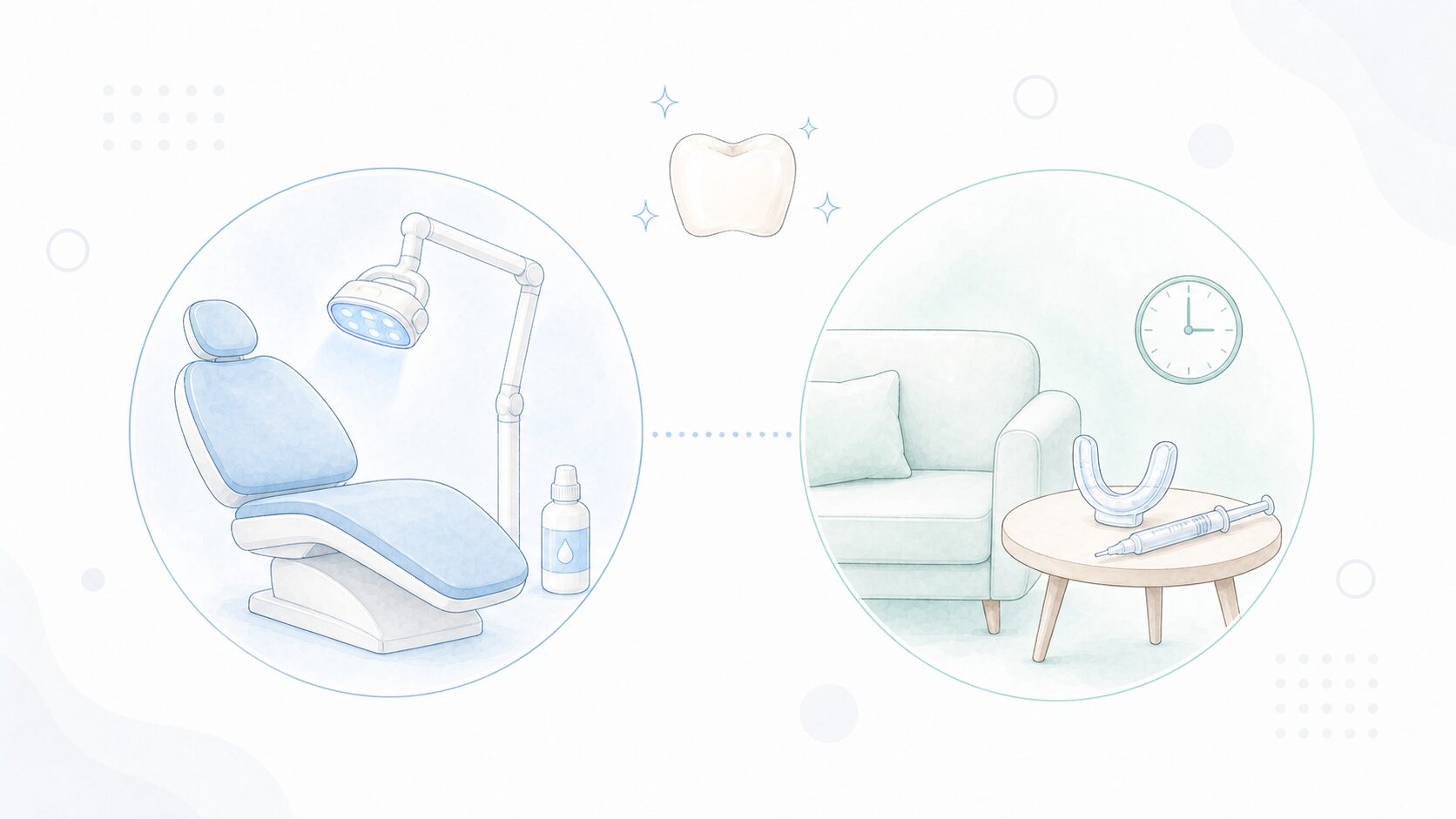 オフィスホワイトニングとホームホワイトニングの違いを表す比較イラスト
