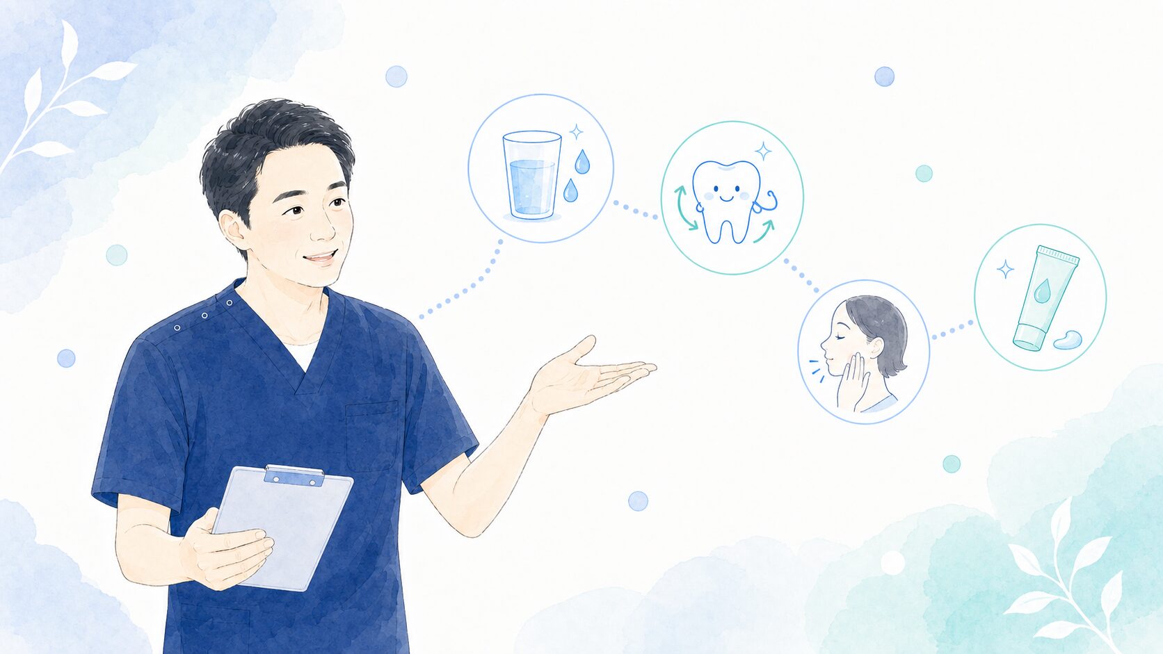 歯科医師が水分補給・よく噛む・唾液腺マッサージ・保湿剤の対策を説明している様子