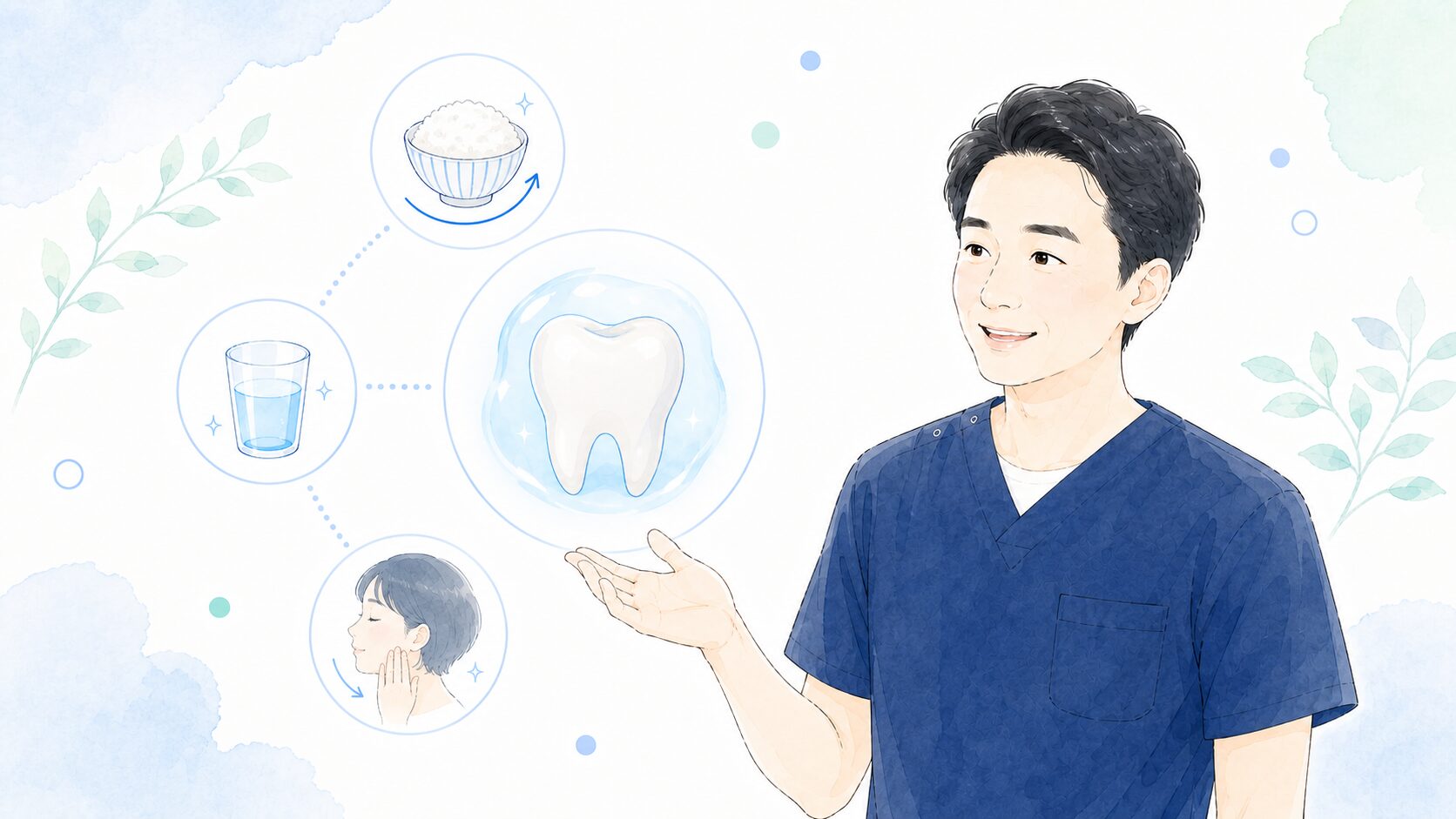 歯科医師が唾液の働きと日々の心がけを説明している様子