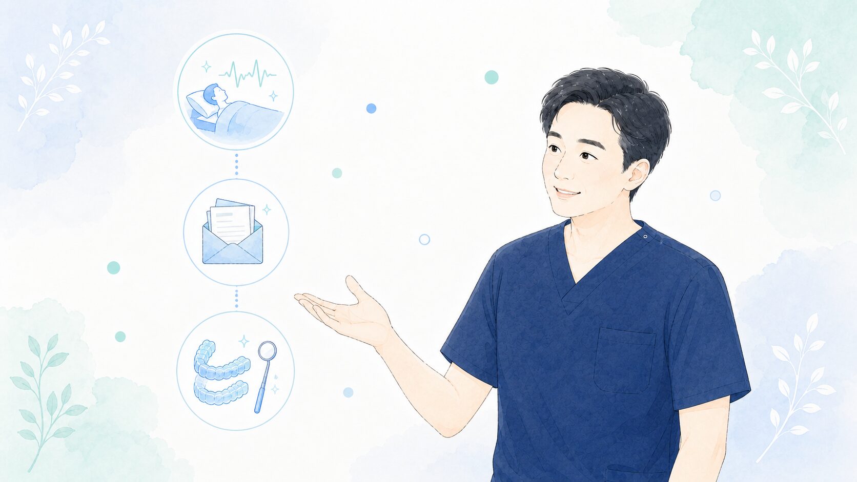歯科医師が検査から装置の作製までの流れを説明している様子