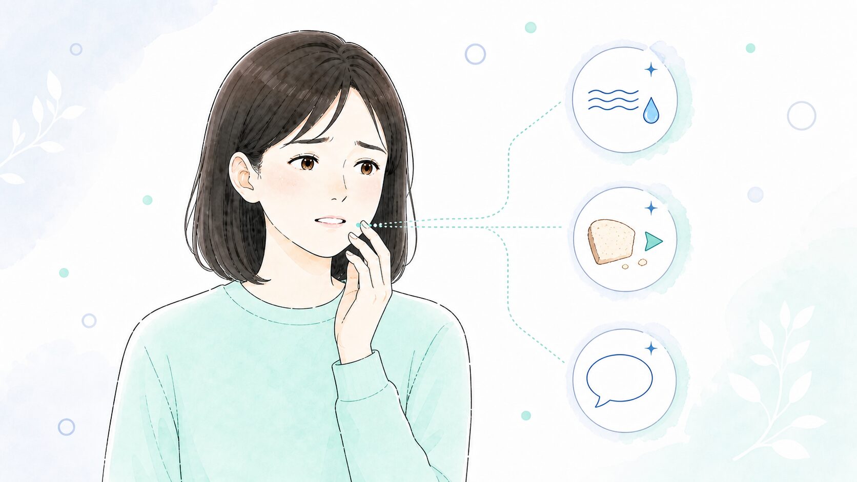 口の乾きを感じている女性と、ネバつき・飲み込みにくさ・話しにくさを表すアイコン