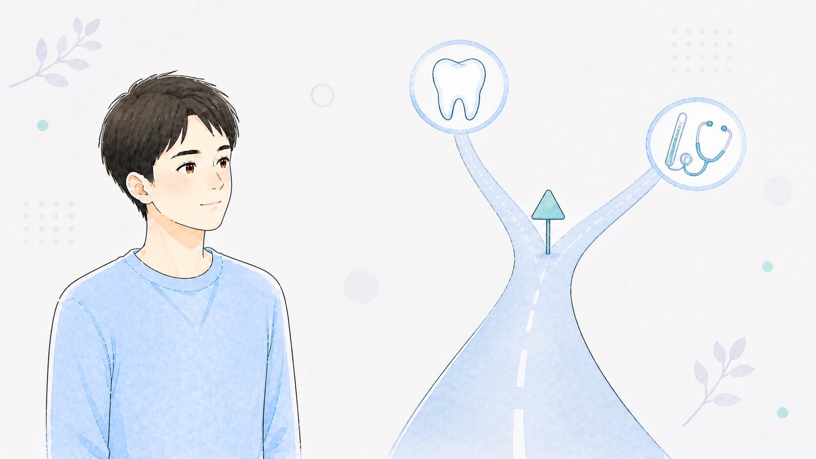 歯科と内科の分かれ道の前で受診先を考える男性