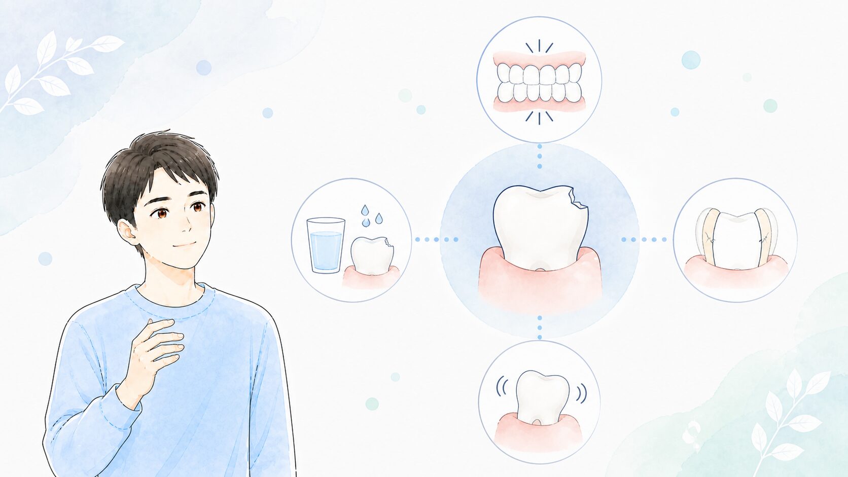 ぶつけていないのに歯が欠ける4つの原因を示した図と男性