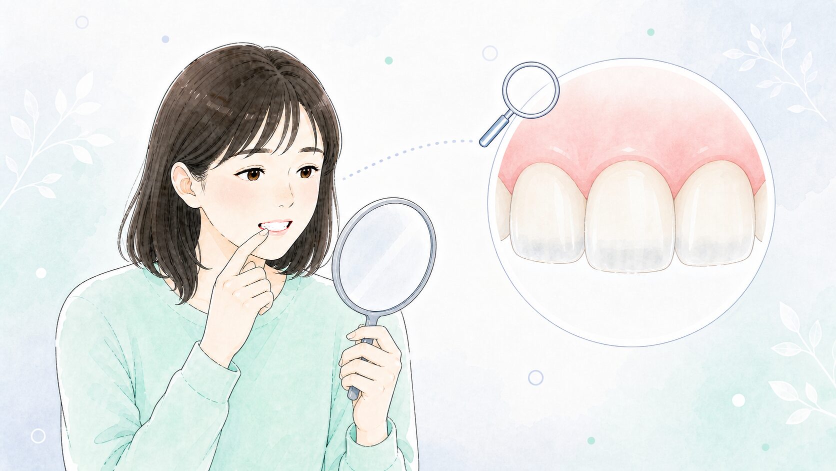 手鏡で前歯を確かめる女性と、先端が透けた前歯の拡大イラスト