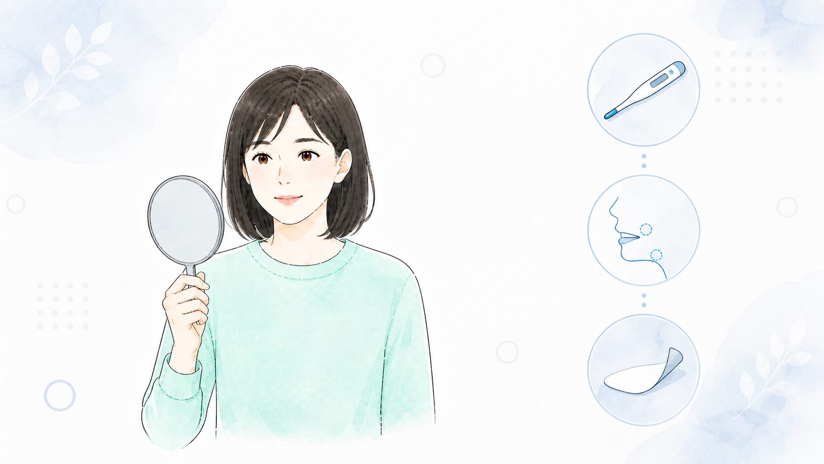 手鏡で口の中を確認する女性と、見分けの手がかり3つ