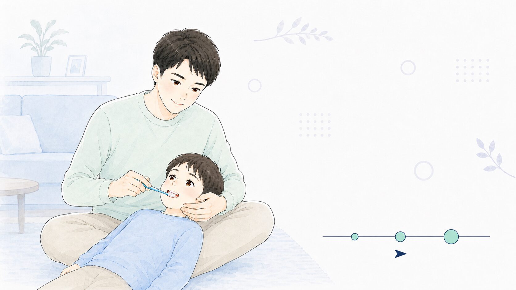 父親が子どもの仕上げ磨きをしている様子と年齢別の使用量の目安