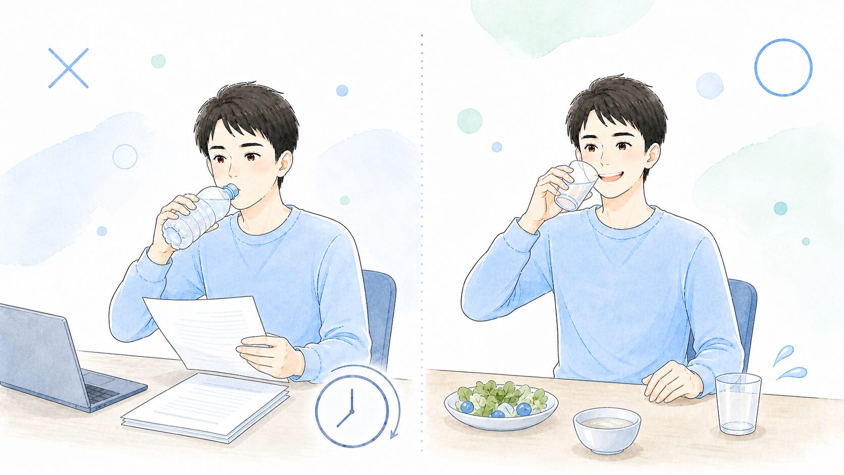 だらだら飲みと短時間で飲みきる飲み方を比べたイラスト