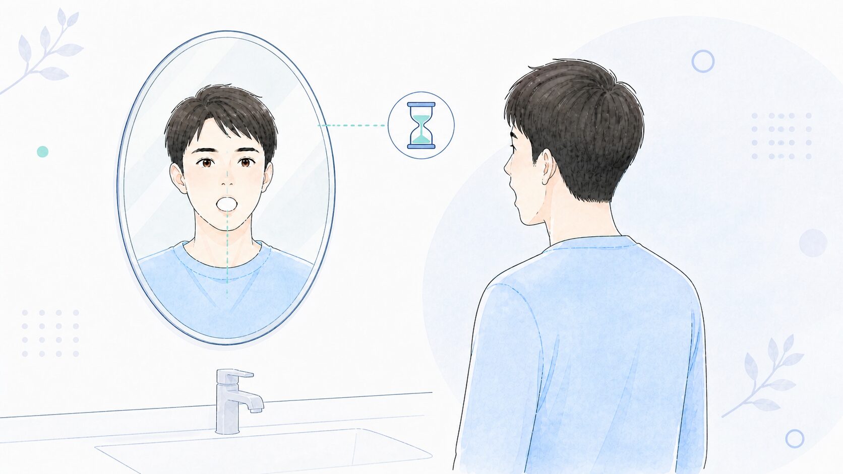 鏡の前でまっすぐ口を開けるあごのストレッチ