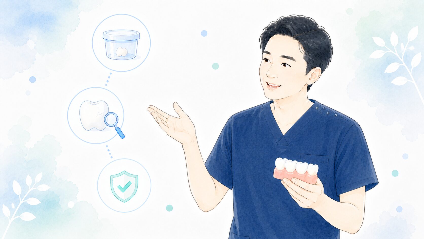 歯科医師が歯の模型を持って説明しているイラスト