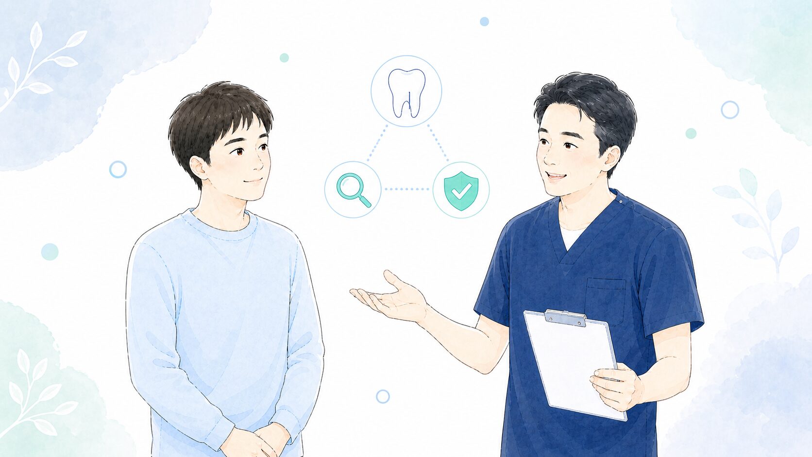 歯科医師が歯根破折について患者に説明している