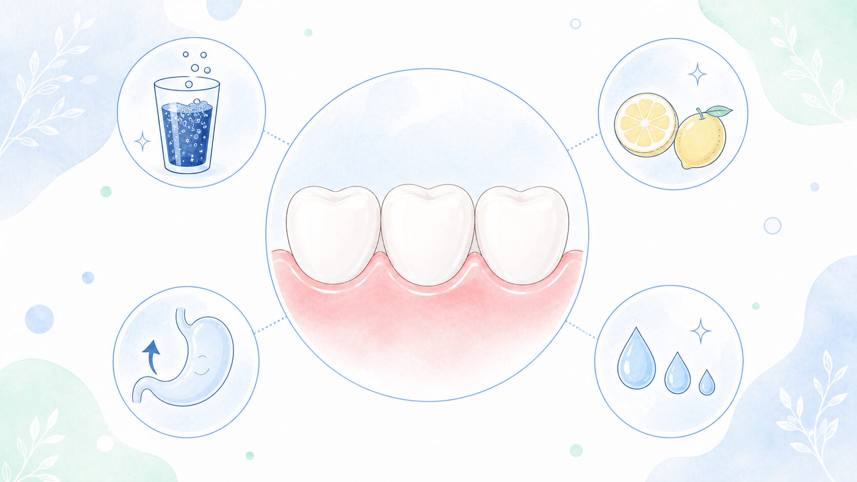 酸蝕歯の原因(炭酸・柑橘・胃酸・唾液の減少)を示したイラスト