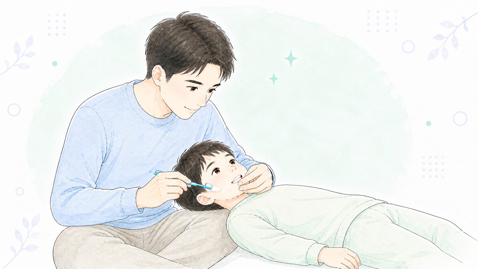 保護者が仕上げ磨きをしながら子どもの前歯の先を見ている様子