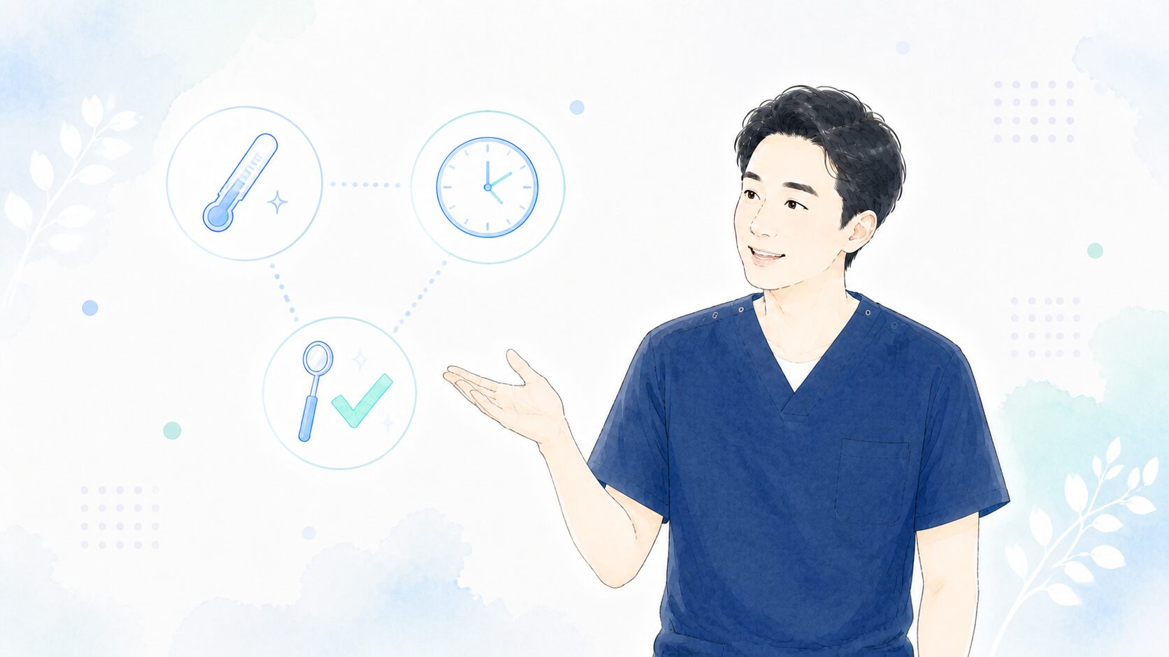 歯科医師が体温計・時計・ミラーのアイコンを示して説明するイラスト