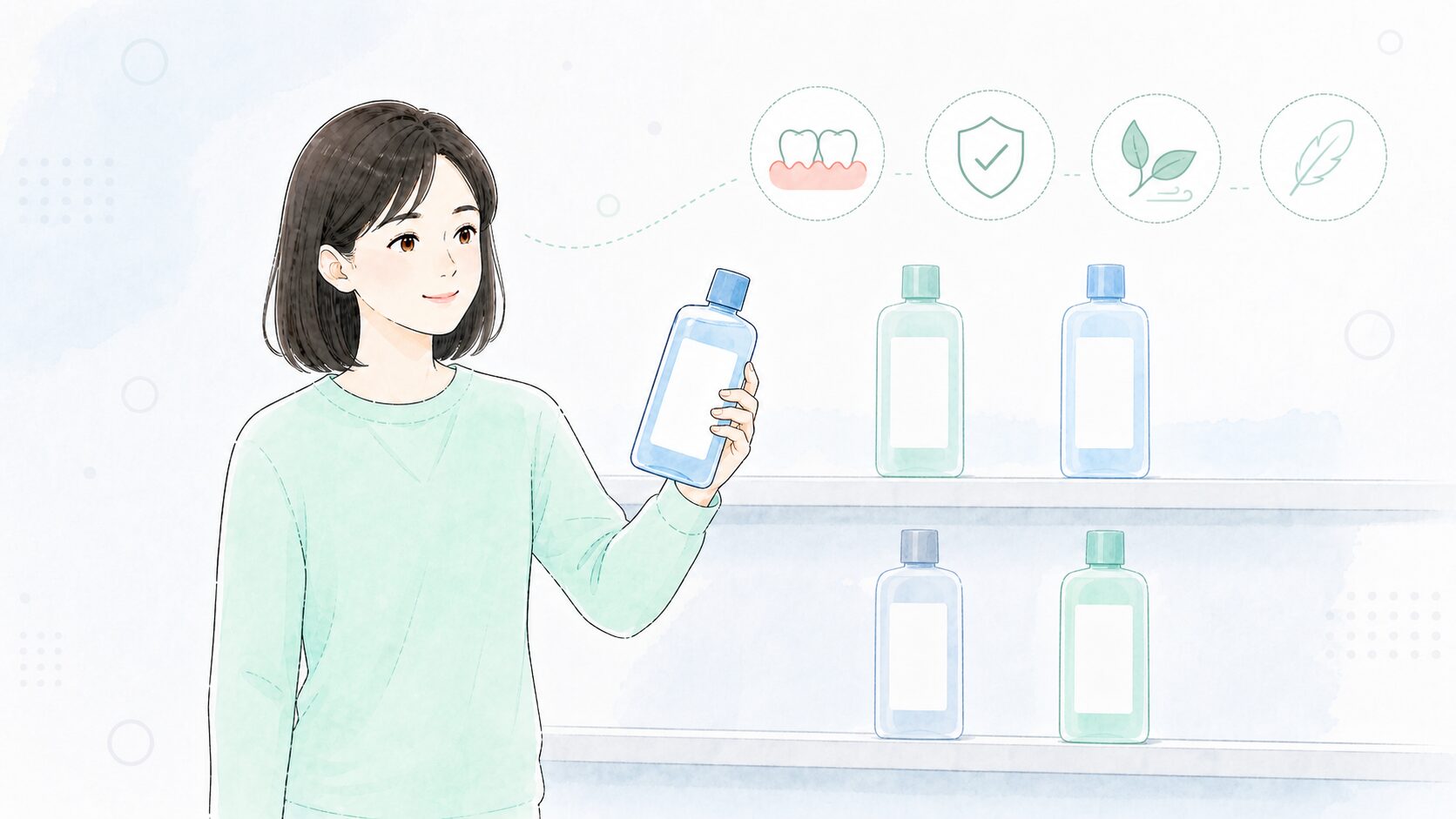 棚の前で洗口液を選ぶ女性
