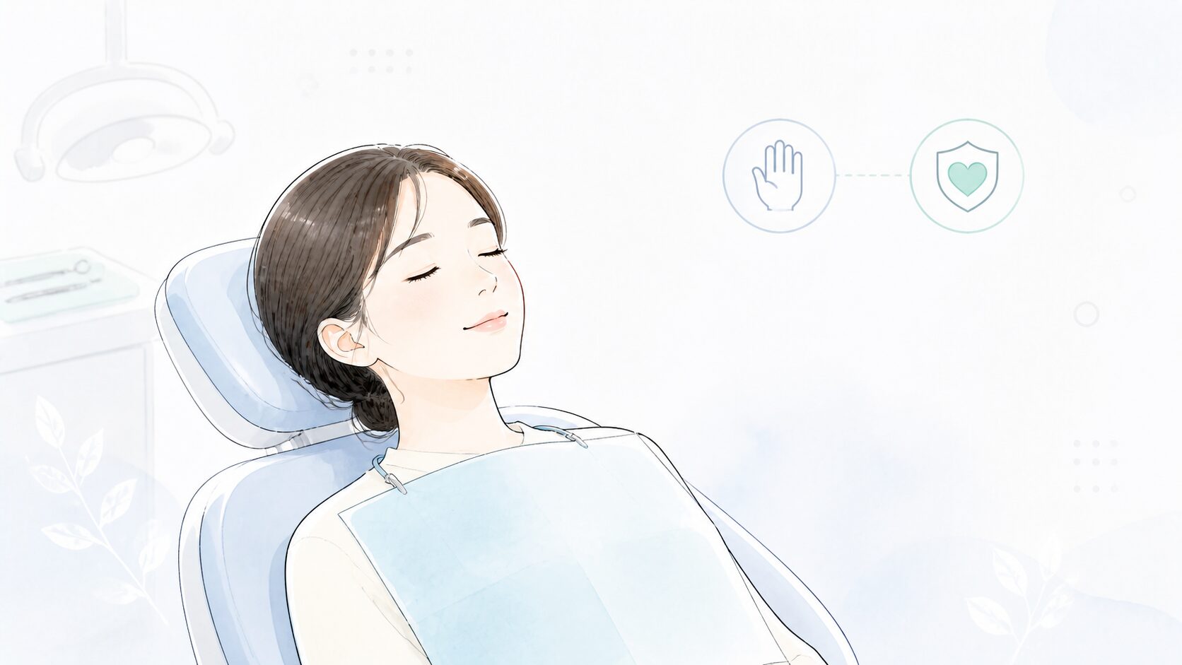 診療チェアでリラックスして処置を受ける女性のイラスト