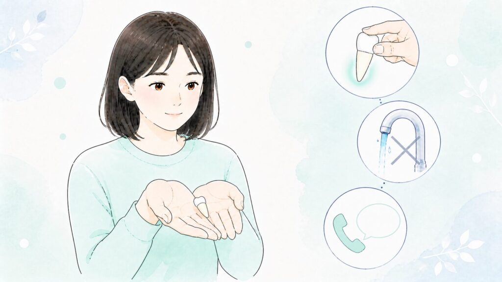 抜けた歯を手のひらにのせた女性と、まずやること3つのアイコン