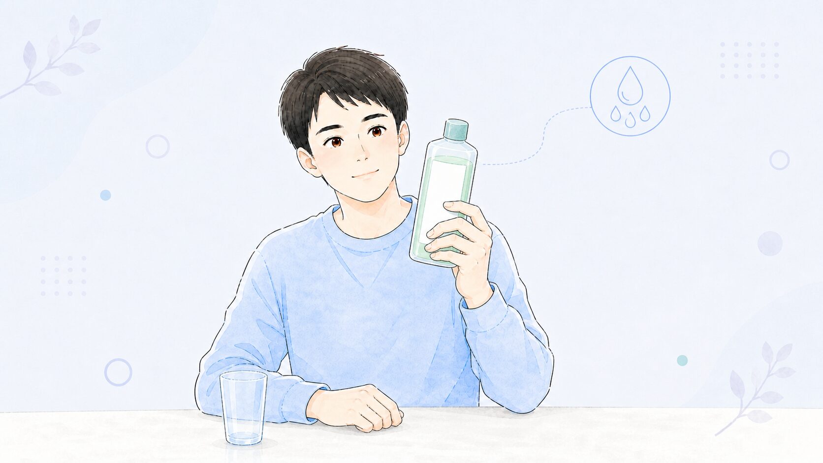 SP-Tメディカルガーグルのボトルを手に取って眺める男性