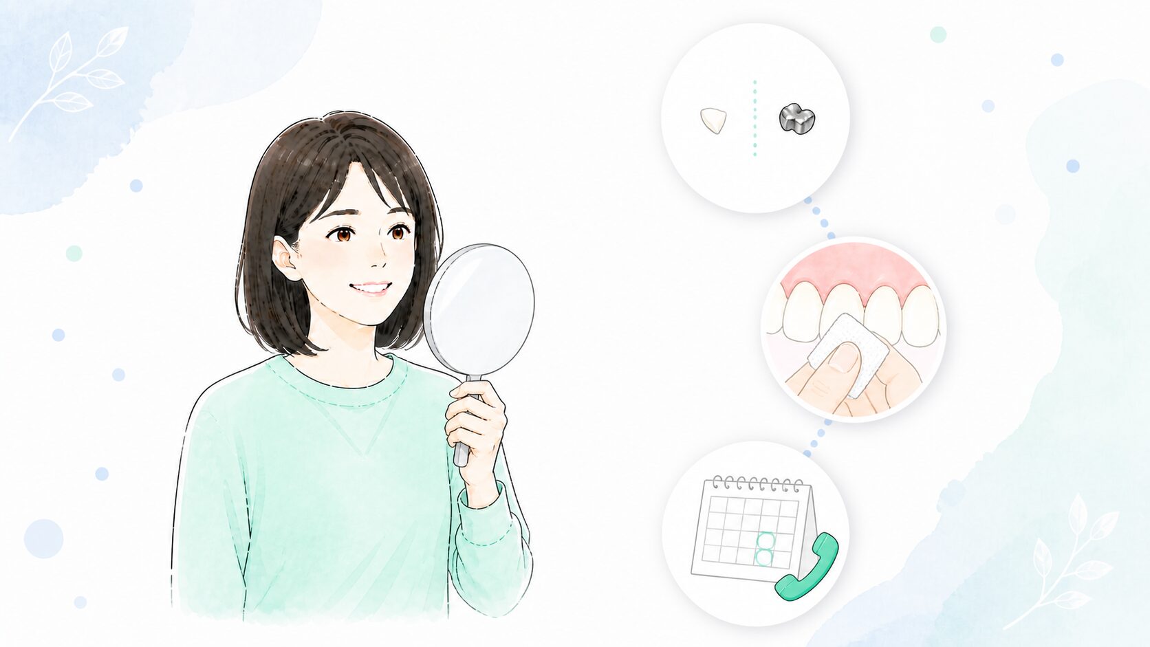 手鏡で前歯を確かめる女性と、まずやること3ステップのイラスト