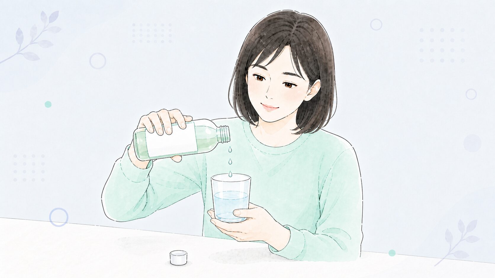 コップの水にSP-Tメディカルガーグルを数滴たらしている女性