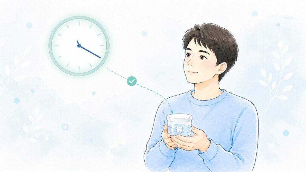 抜けた歯を入れた容器を持ち、時計を見る男性