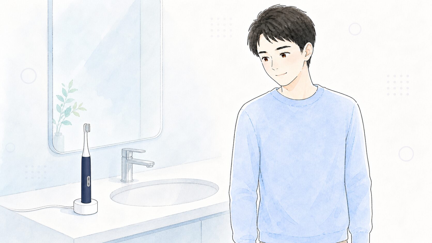 充電ランプがつかない電動歯ブラシを見る男性