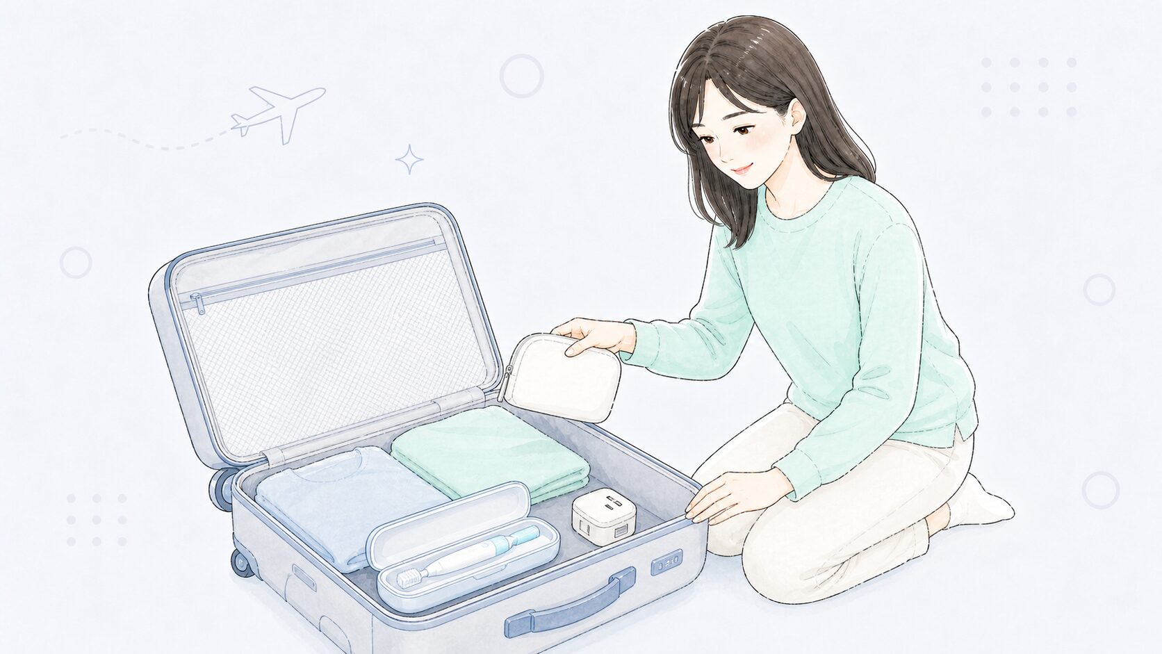 スーツケースに電動歯ブラシを荷造りする様子