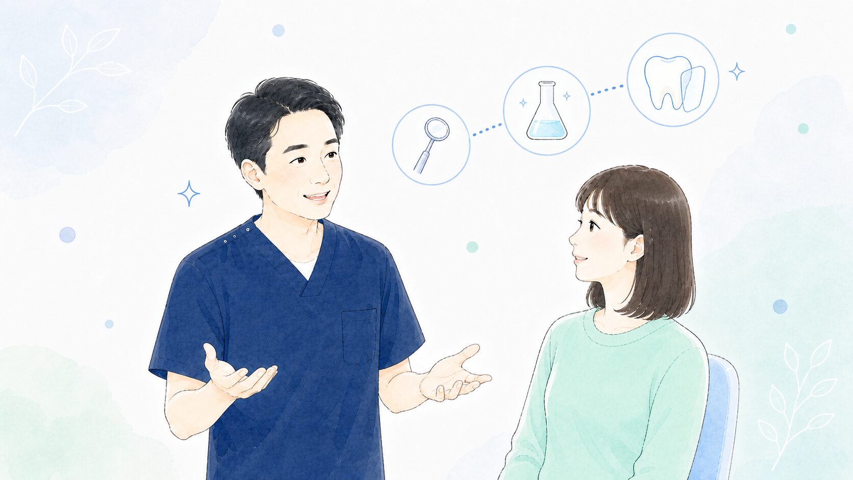 歯科医師が患者にホワイトニングの適応と別の選択肢を説明しているイラスト