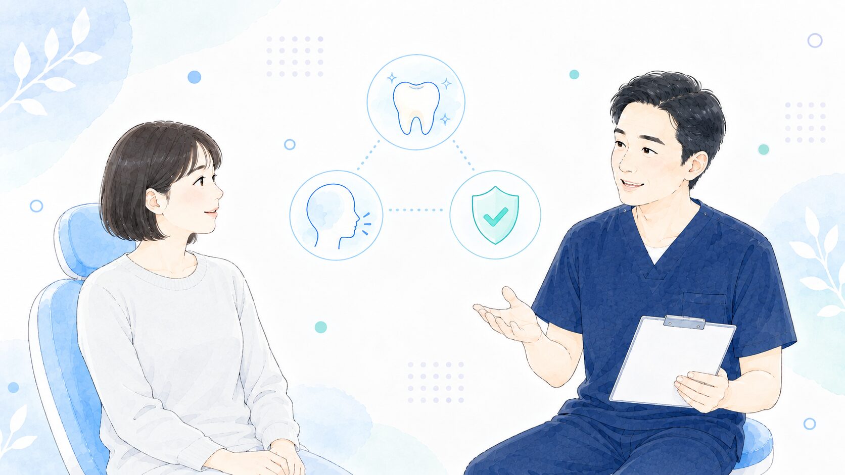 歯科医師が患者に頭痛と歯の関係を説明している様子