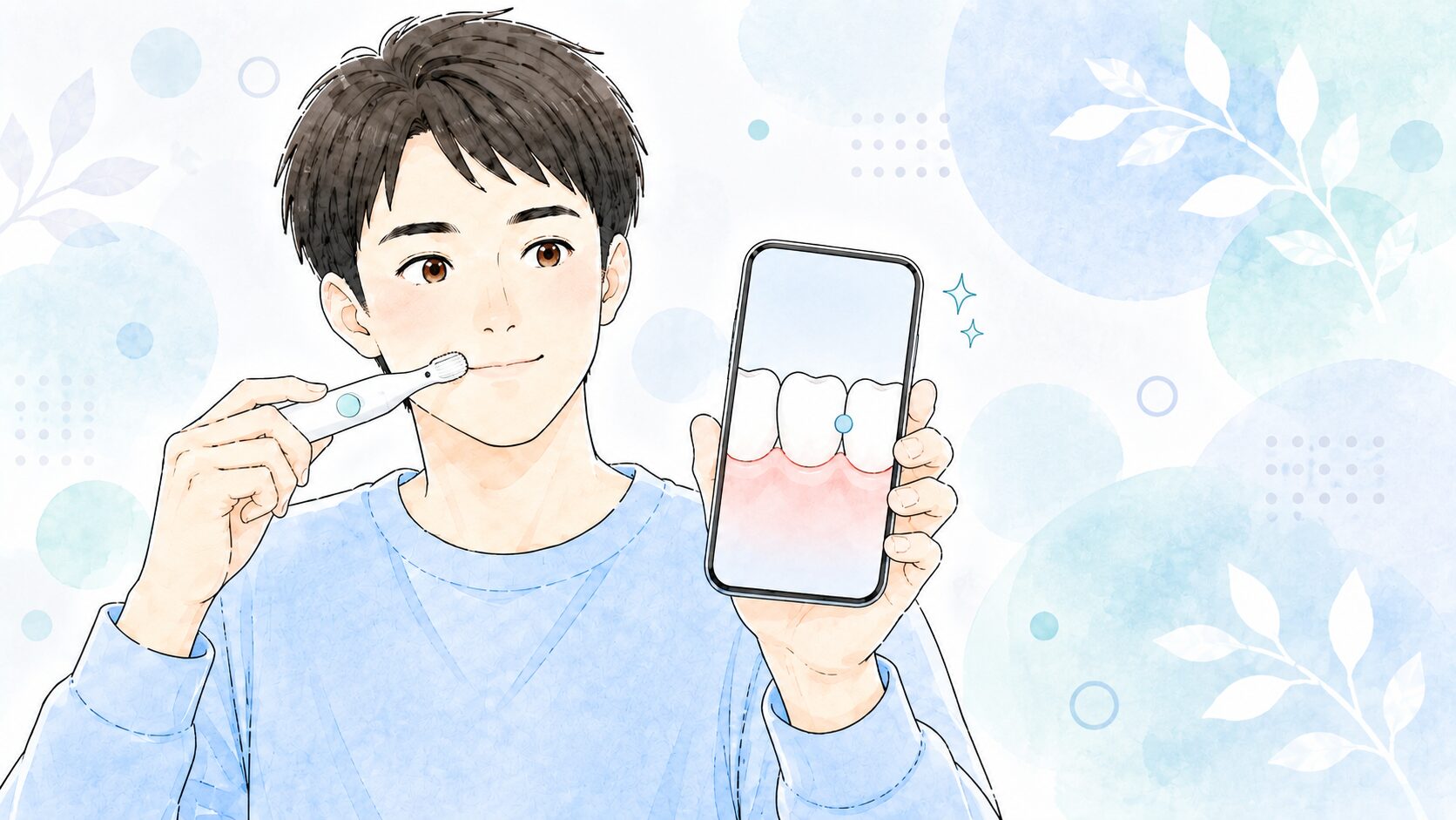 スマートフォンに映る口の中の映像を見ながら電動歯ブラシで磨く男性のイラスト