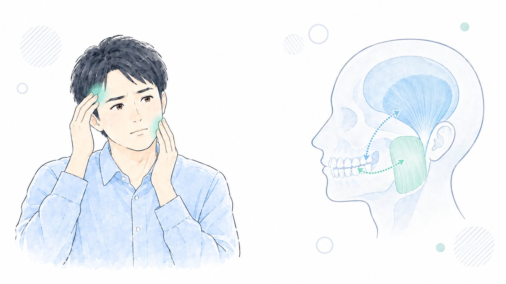 こめかみと頬を押さえる男性と、側頭筋・咬筋の関連痛の図